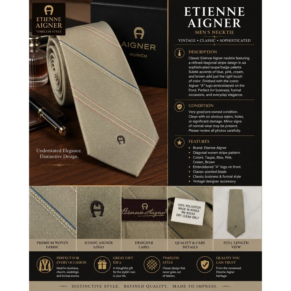 Vintage Etienne Aigner Men's Tie Taupe Beige Diagonal Stripe Embroidered Logo